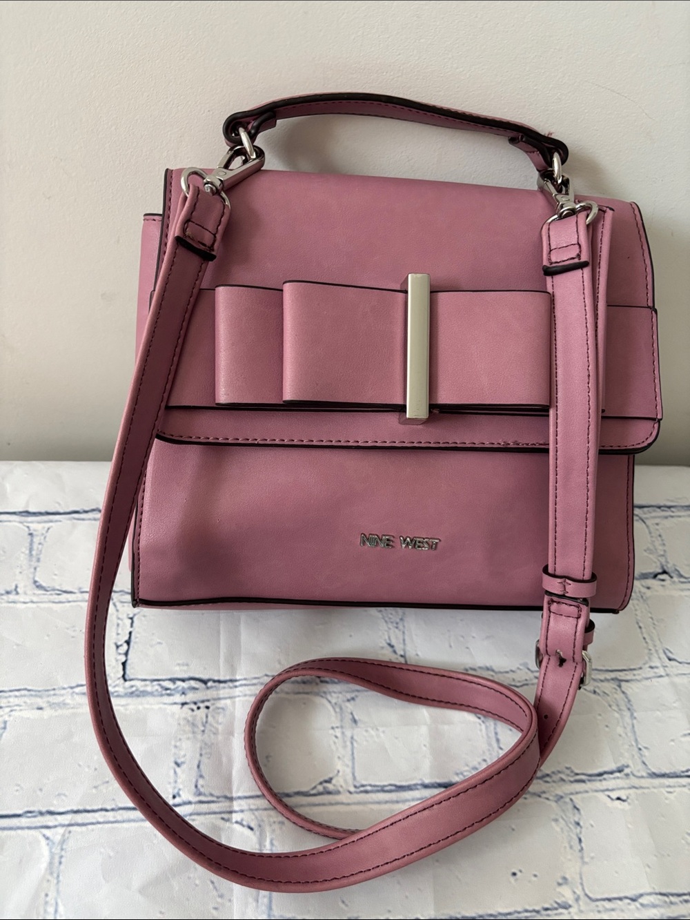 Nine West Pink Faux Leather Flap Crossbody Bag & Satchel with Bow Detail